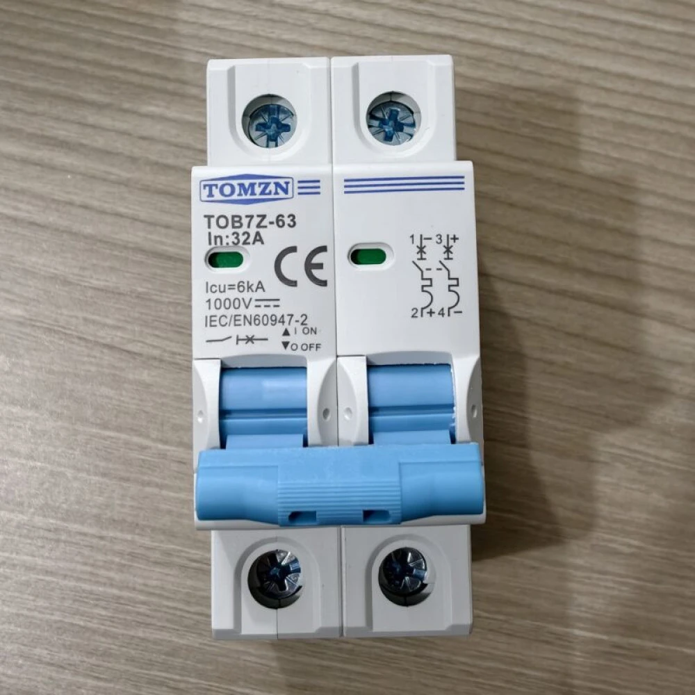 TOMZN 2P DC Circuit Breaker 32A- 12V-1000V Wide RangeDC MCB for PV System (TOMZN TOB7Z-63)
